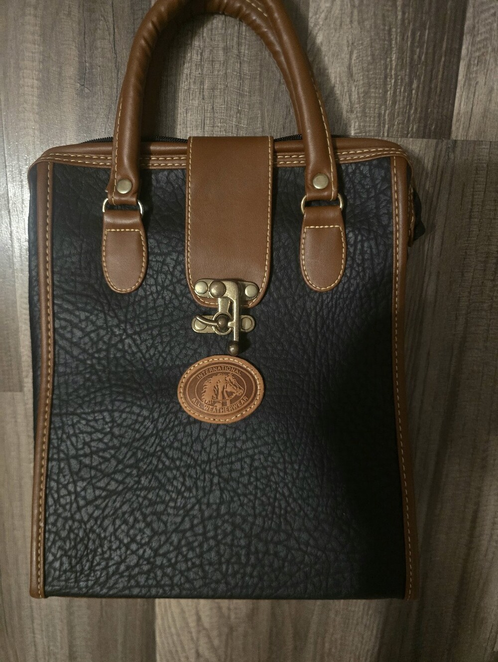 International All-Weatherwear Leather Look Two-Tone Black & Brown Satchel